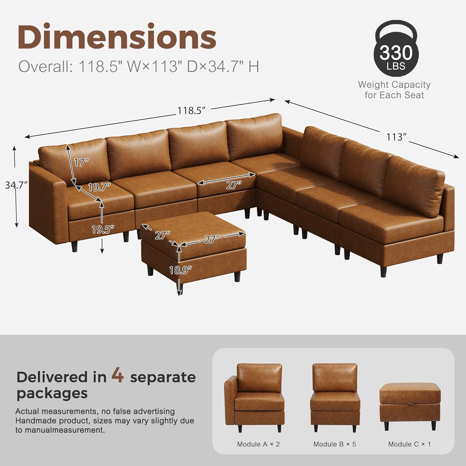 118.5" Faux Leather Modular Sectional Convertible Sofa, L Shaped Couch Set for Living Room, Large