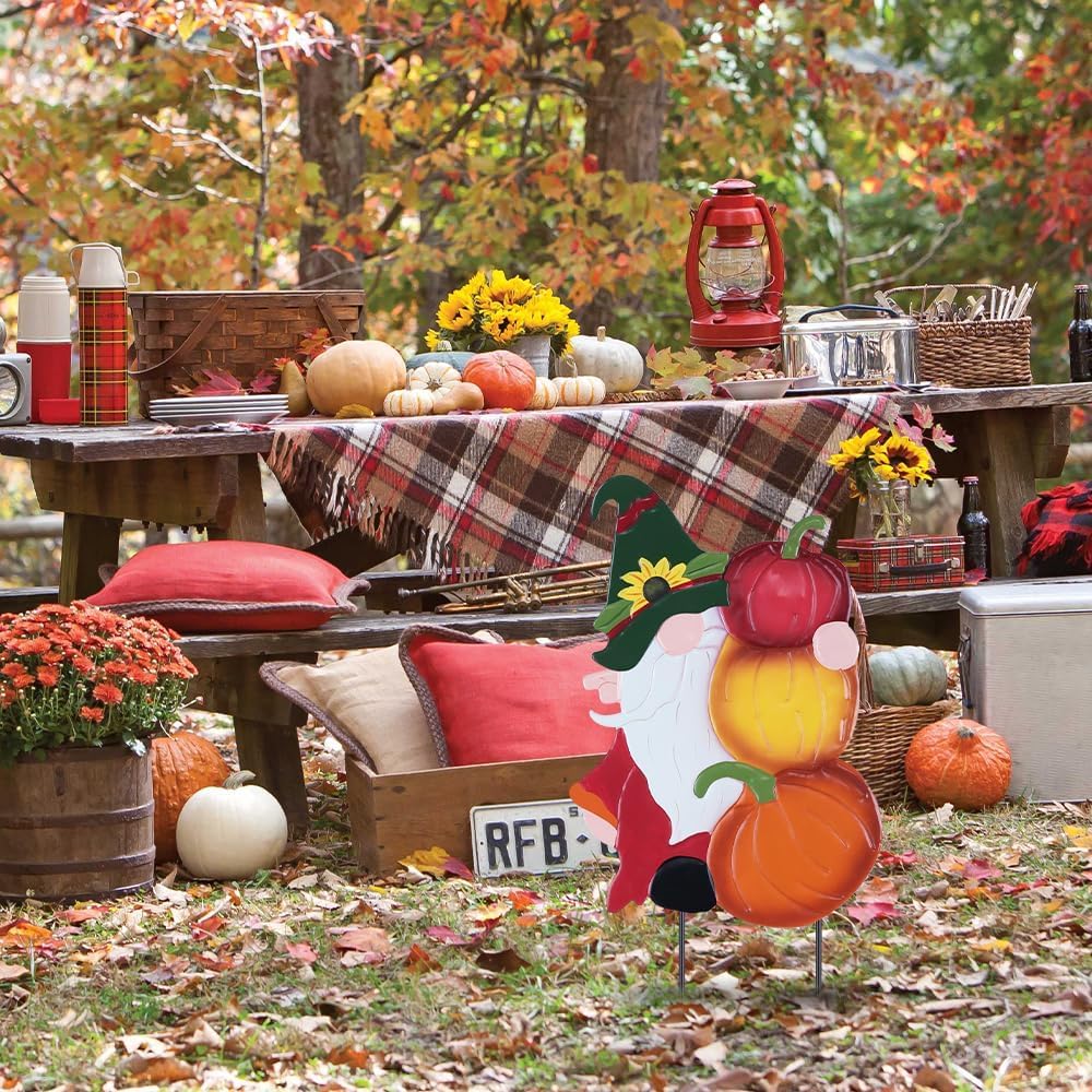 YEAHOME Fall Decorations Outdoor, Metal Gnome with Pumpkin Decorative Garden Stakes for Fall Decor