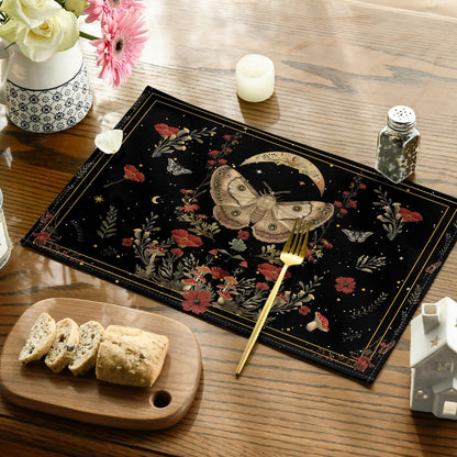 Artoid Mode Black Poppy Moth Moon Placemats Set of 4, 12x18 Inch Floral Spring Table Mats for
