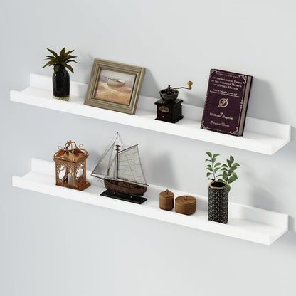 SAUMONIERES Picture Ledge Shelf Floating Book Shelves Set of 2 Wall Mounted Solid Wood for Bedroom