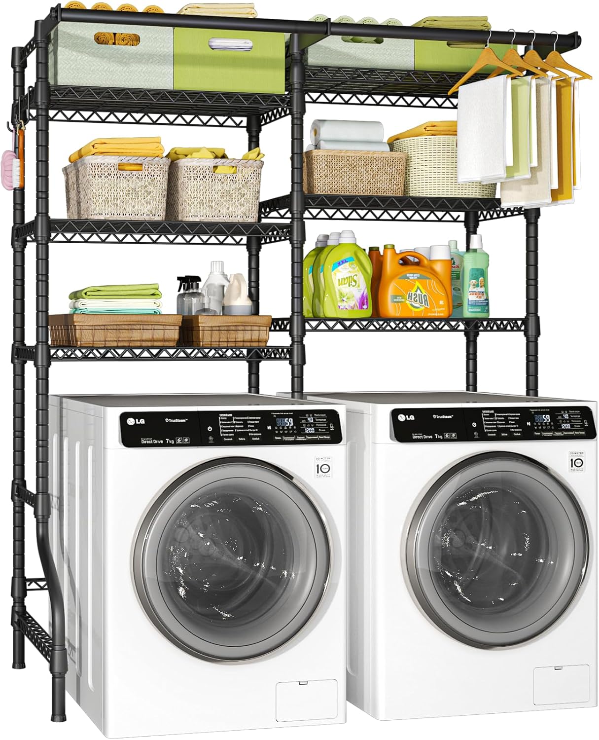 Ulif U13 Over Washer and Dryer Storage Shelves, 6 Tiers Laundry Room Standing Shelf with 2 Hanger