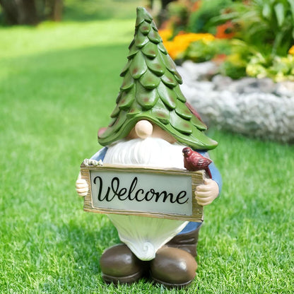 Large Garden Gnome Statue with Solar Lights, 13.5” Welcome Sign Gnome Outdoor Decor for Yard Lawn