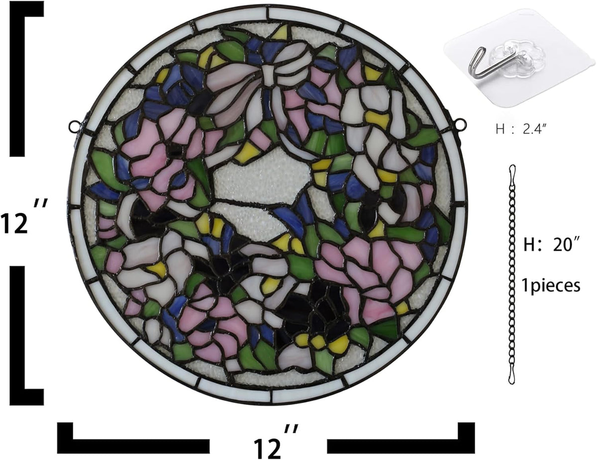 Handcrafted Stained Glass Window Panel - 12-Inch Round Floral Design with Vibrant Colors, Elegant