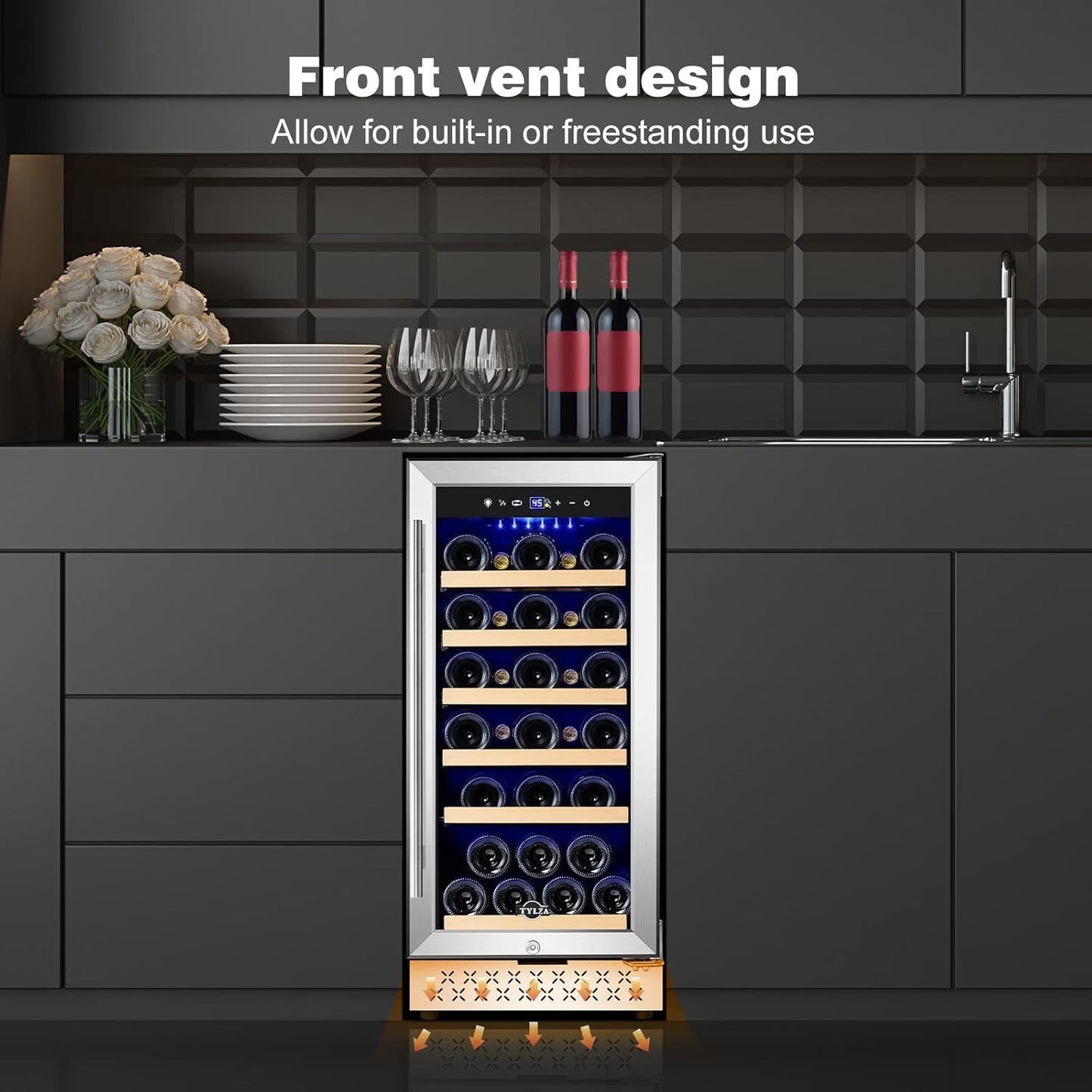 Tylza 15 Inch Wine Cooler Under Counter, 33 Bottle Built-in Wine Fridge with Stainless Steel