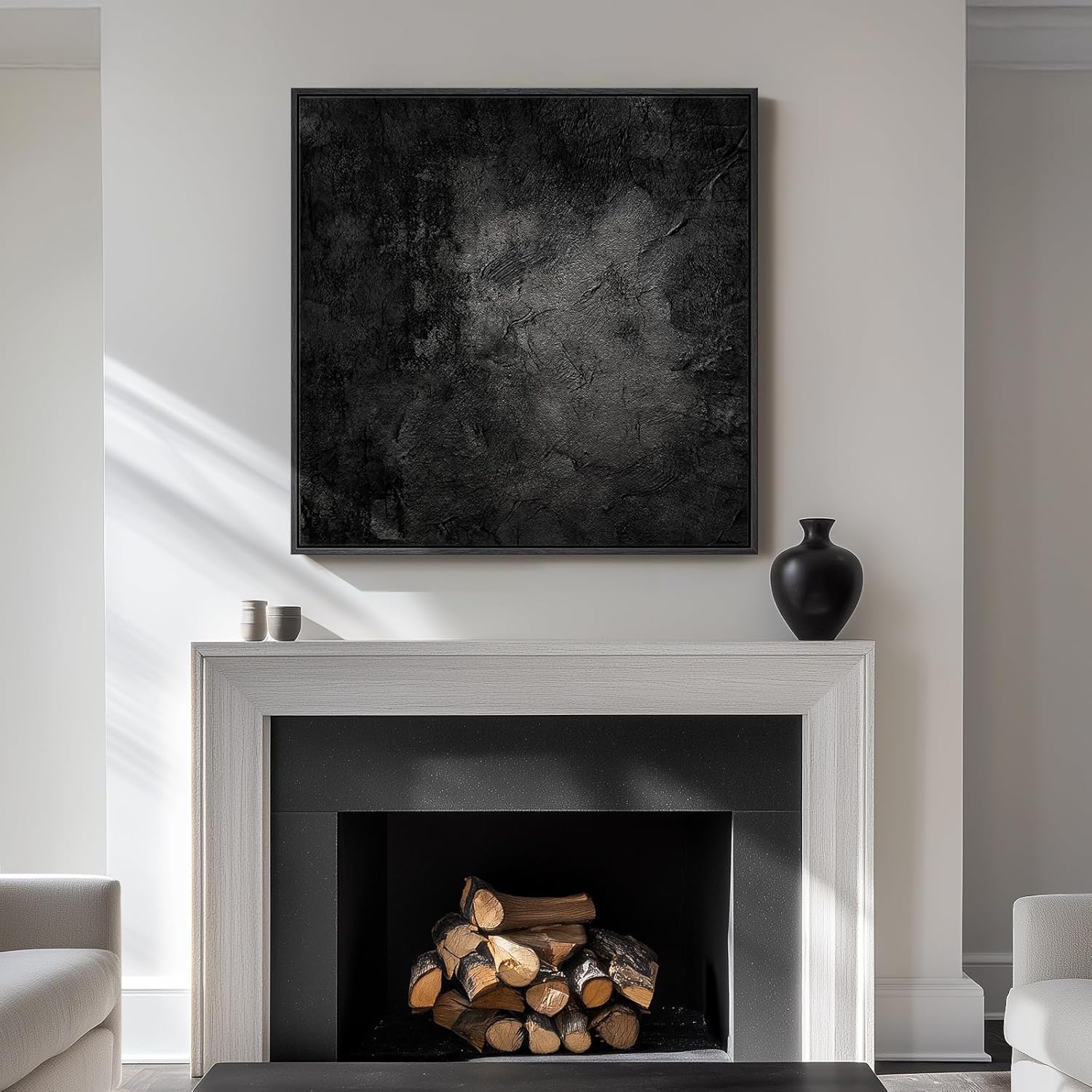 Framed Black Abstract Wall Art, Modern Canvas Prints Paintings Artwork for Walls, Square Minimalist