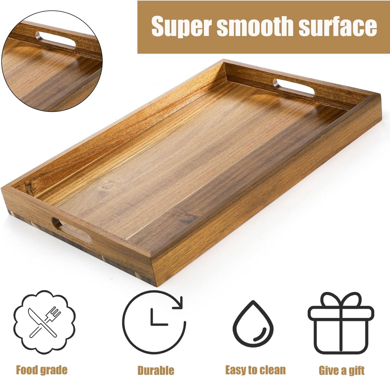 Acacia Wood Serving Tray with Handles - 17-Inch Large Wooden Tray for Ottoman - Perfect for