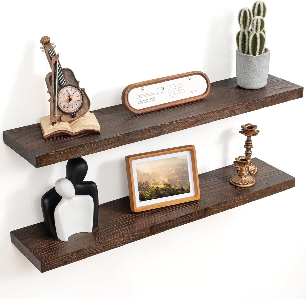 Floating Shelves for Wall Decor, 8 Inch Deep Rustic Solid Elm Wood Floating Shelves Wall Mounted