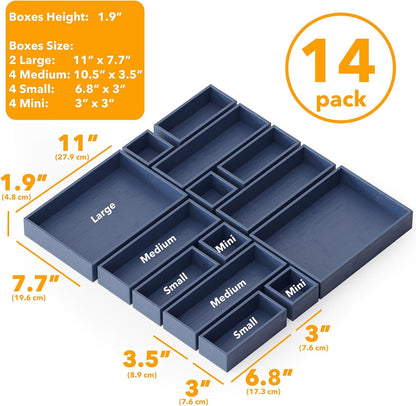 SpaceAid 14-Piece Bamboo Drawer Organizer Storage Boxes Set, Wood Tray Junk Drawer Organizers