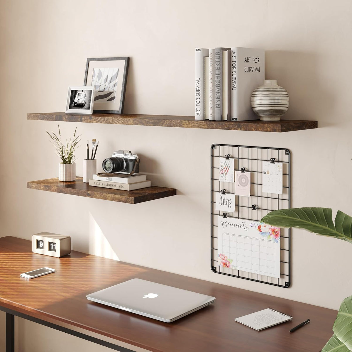 Wall Shelf Set of 2, Rustic Brown Floating Shelves 24 in W x 10 in D x 1 in H, Wooden Floating Wall