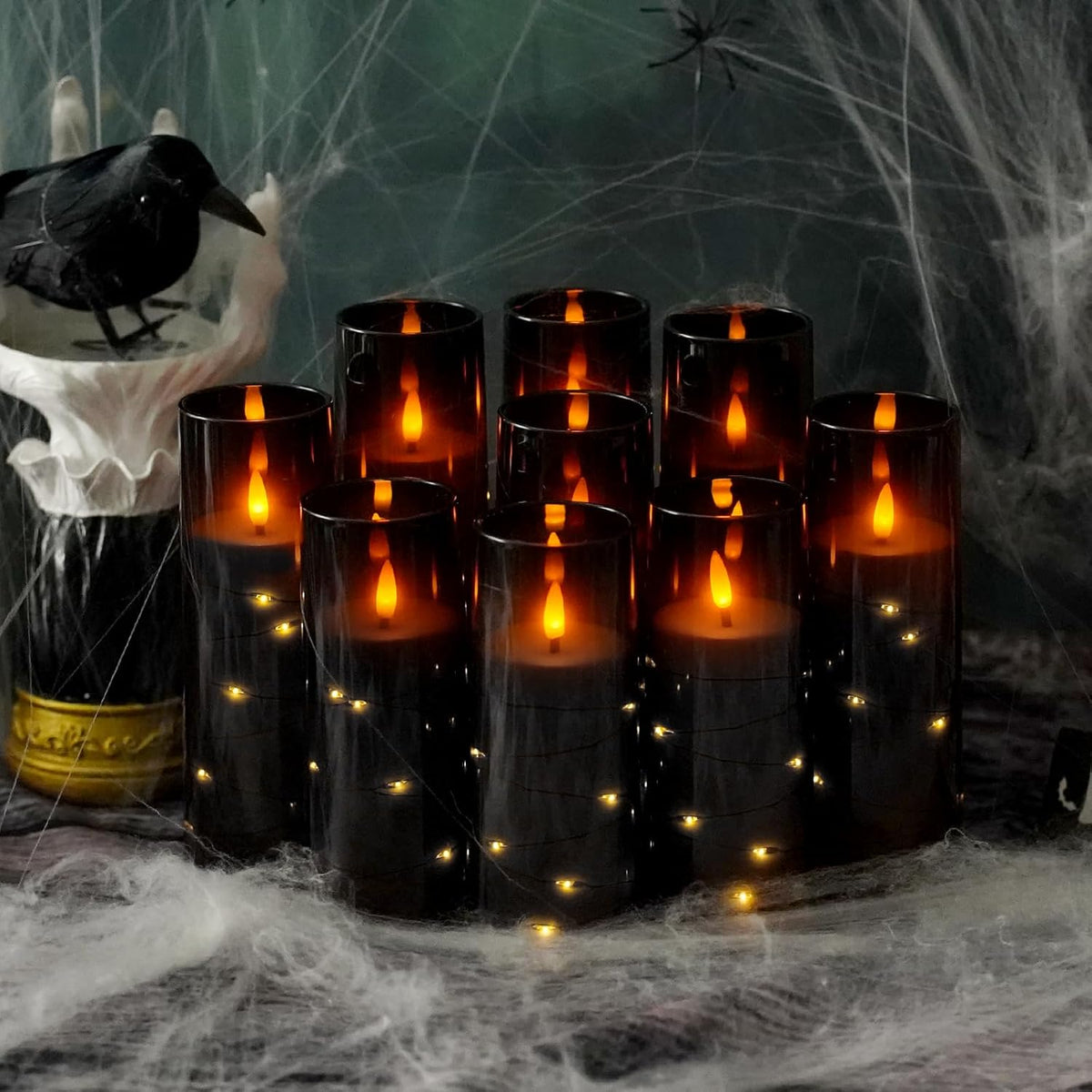 Flickering Flameless LED Candles, 9 Pcs with Embedded Star String, Acrylic LED Pillar Candles with