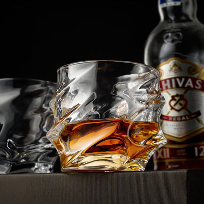 12 oz Hand Blown Crystal Whiskey Glasses Set of 4, Unique Cognac Glass, Heavy Thick Bottom Bar