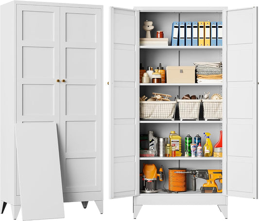 Metal Storages Cabinet with 2 Doors and 5 Shelves,Tall Storage Cabinet,Large Cupboard Closet,Pantry