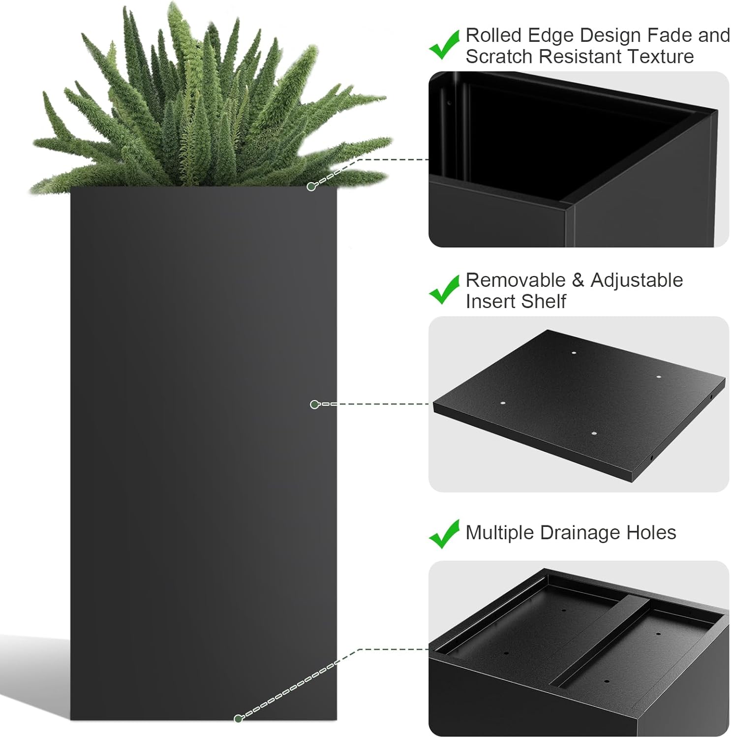Tall Metal Cube Planter for Outdoor Plants 15" L x 15" W x 30" H, Heavy Duty Steel Planter Box with