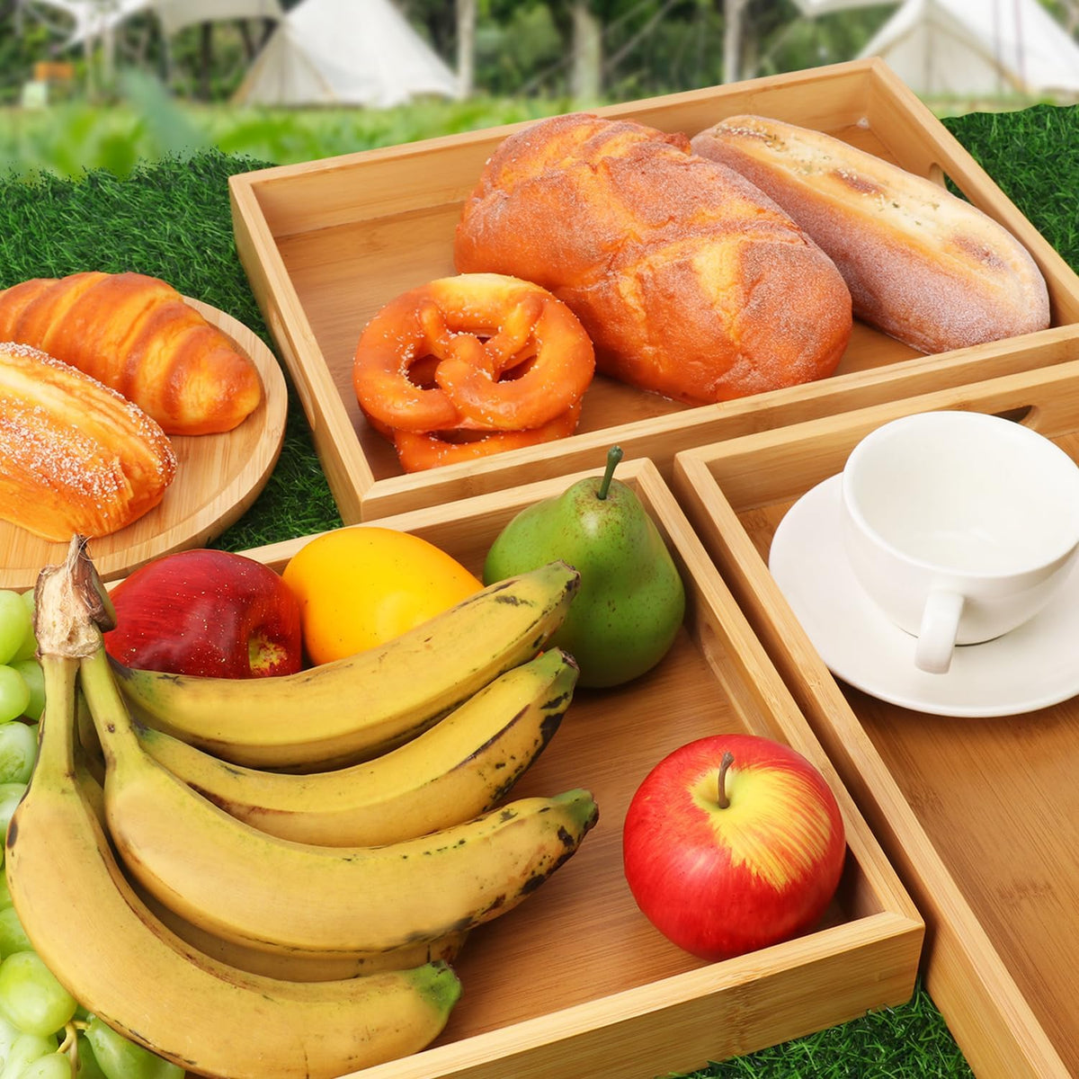2 Pack Large Bamboo Serving Tray with Handles, 14 x 10 inch Wooden Dinner Tray, Home Kitchen