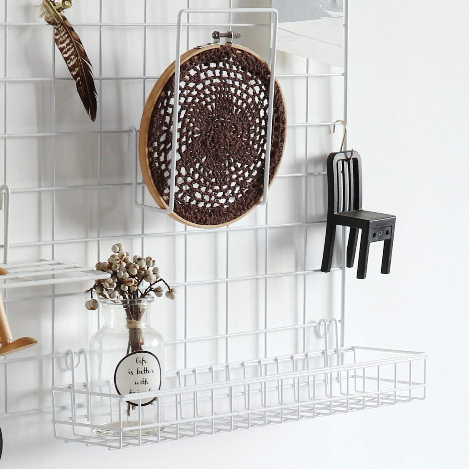 FRIADE Wall Grid Panel Hanging Basket with Hooks,Bookshelf,Display Shelf,Wall Organizer and Storage
