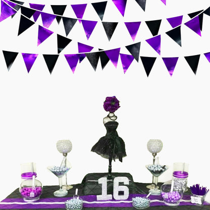 Purple and Black Party Decorations Metallic Fabric Triangle Pennant Banner Flag Bunting Garland for