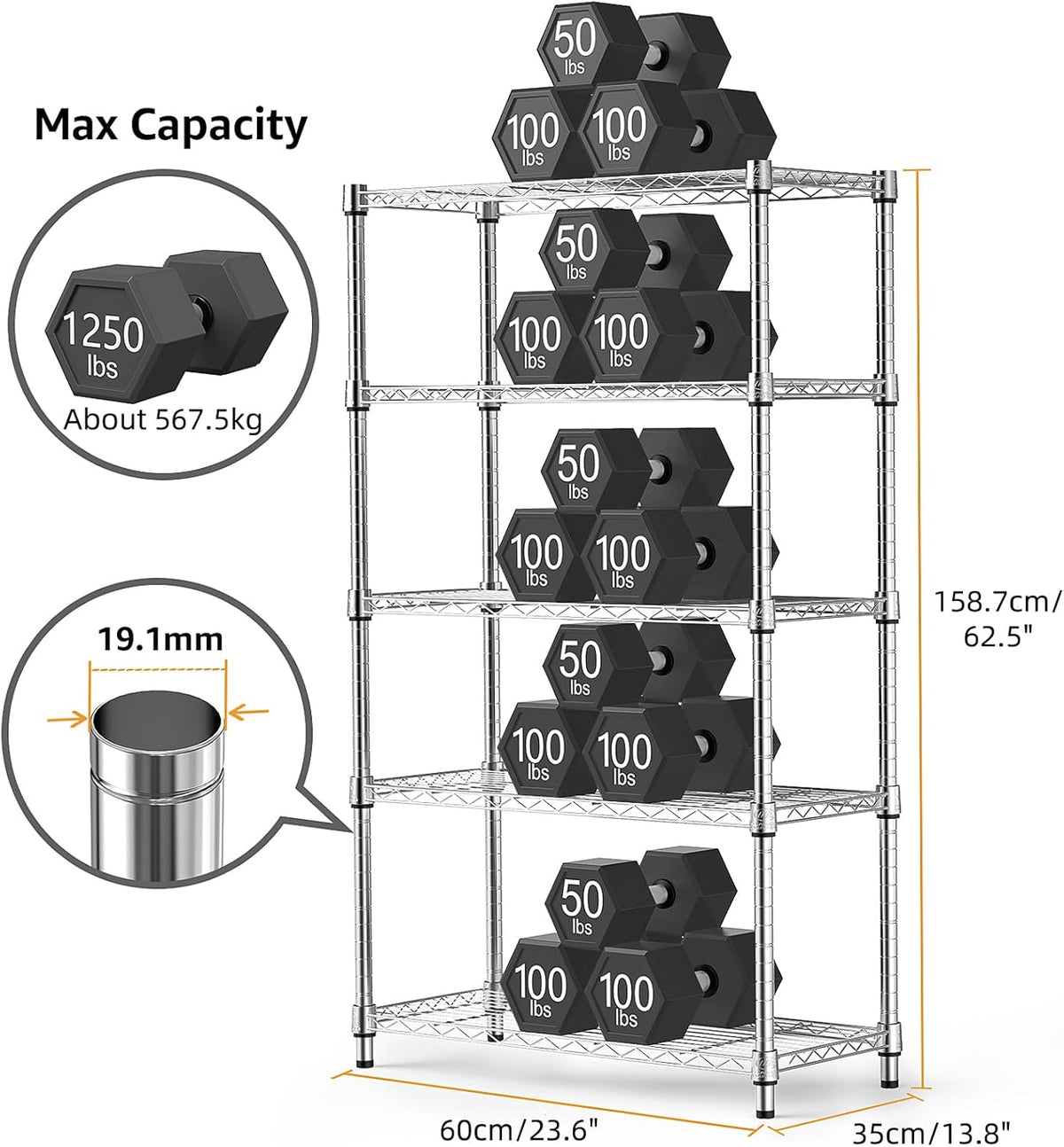 1250 lbs Steel Heavy Duty 5-Tier Utility Shelving Unit Steel Organizer Wire Rack for