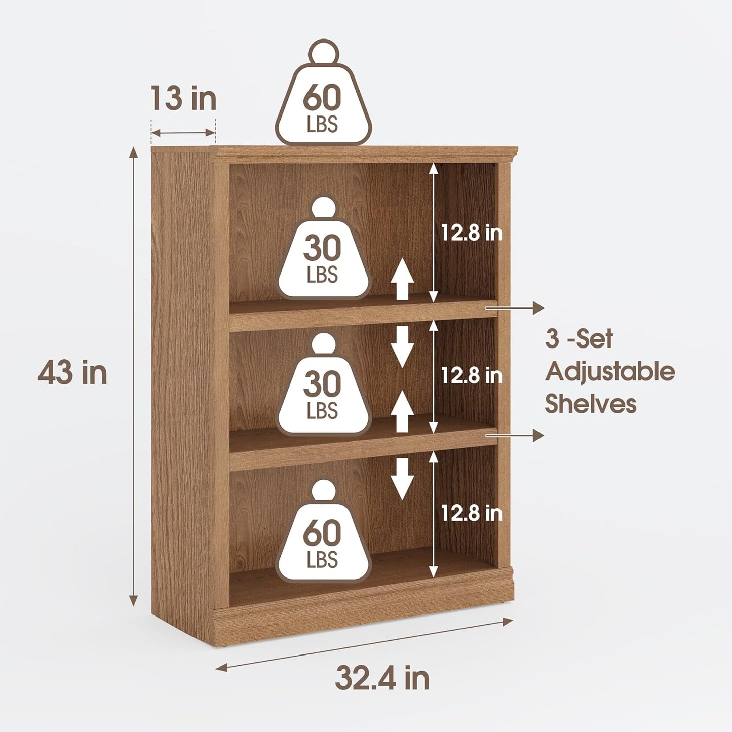 43 in Tall Bookcase, 3-Tier Bookshelf Open Storage, 33 inch Wide Floor Standing Indoor Furniture