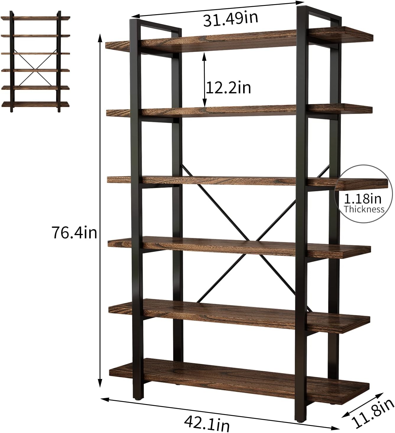 Solid Wood Bookcase and Book Shelves Wood and Metal Shelving Unit 6 Tier Bookshelf Modern Rustic