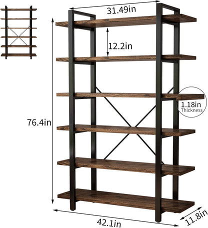 Solid Wood Bookcase and Book Shelves Wood and Metal Shelving Unit 6 Tier Bookshelf Modern Rustic
