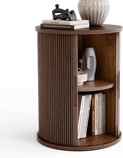 LINSY HOME Round Fluted End Table, Tall Side Table with Sliding Tambour Door and Storage Shelf