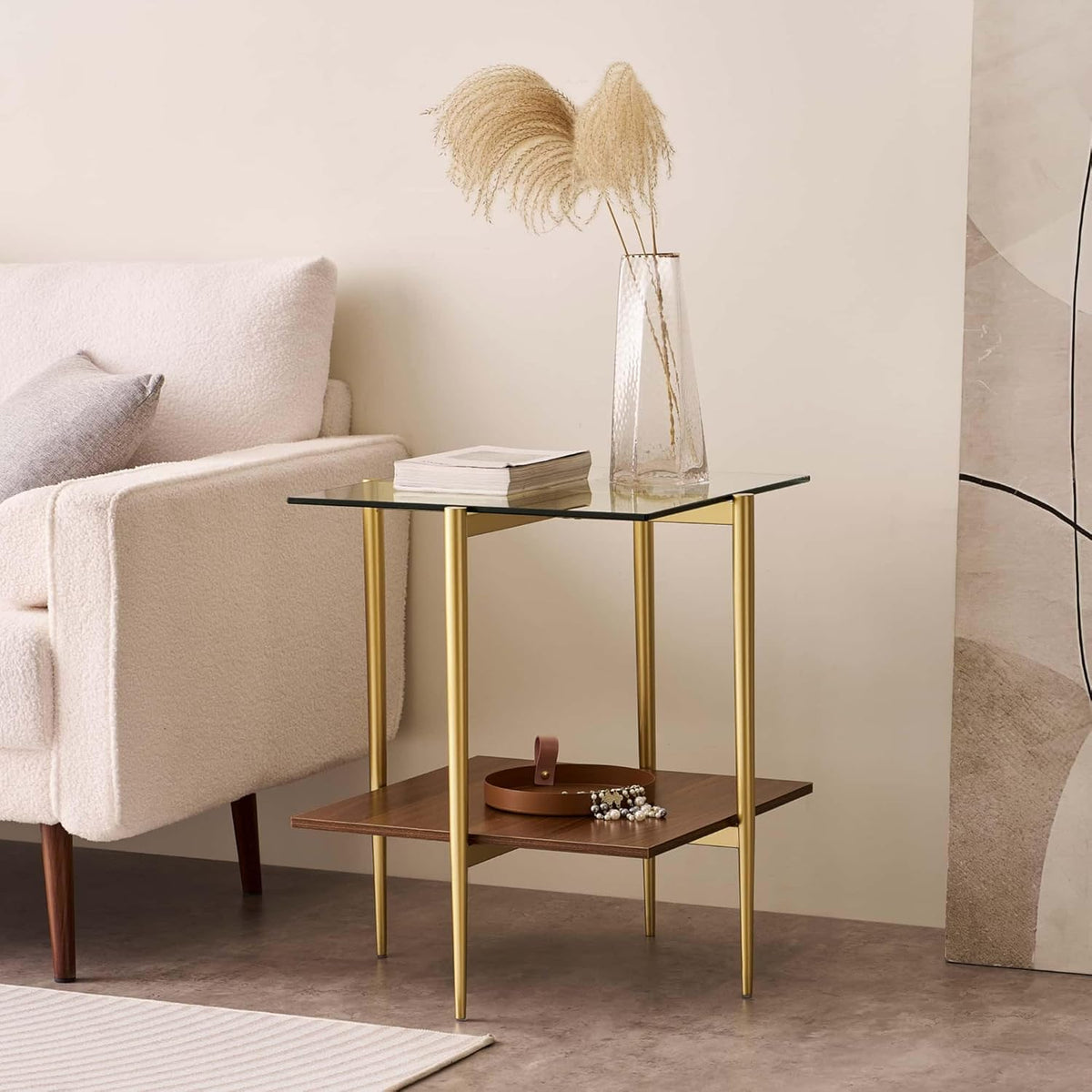 Glass End Table, Mid-Century Modern Design Sofa Table, for Living Room, 2-Tier Structure, Clear