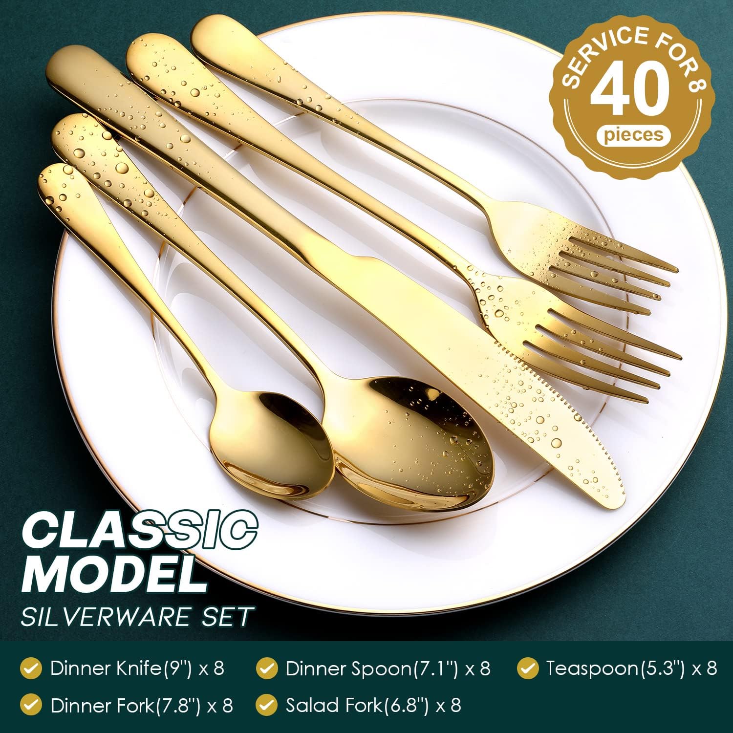 Gold Silverware Set, OGORI 40-Piece Food Grade Stainless Steel Gold Flatware Set, Kitchen Utensil