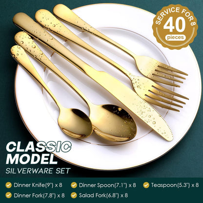 Gold Silverware Set, OGORI 40-Piece Food Grade Stainless Steel Gold Flatware Set, Kitchen Utensil