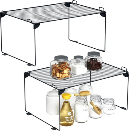 Neudeco Stackable Cabinet Shelf Organizer - 2 Pack Metal Mesh Stacking Shelves for Kitchen, Closet