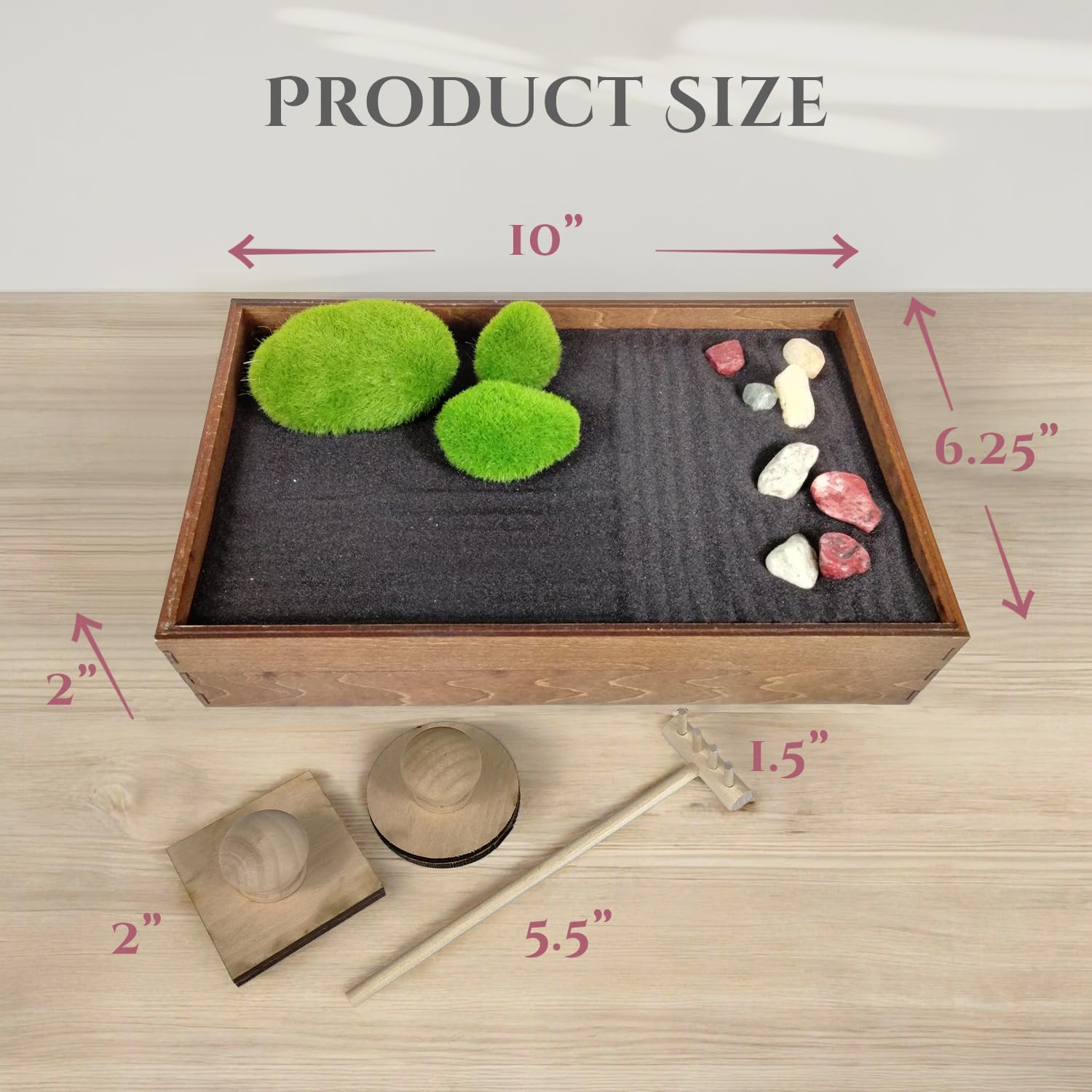Wooden Stackable Zen Garden | Moonless Night Sand with Rake & Accessories | Minimalist Decor Gift
