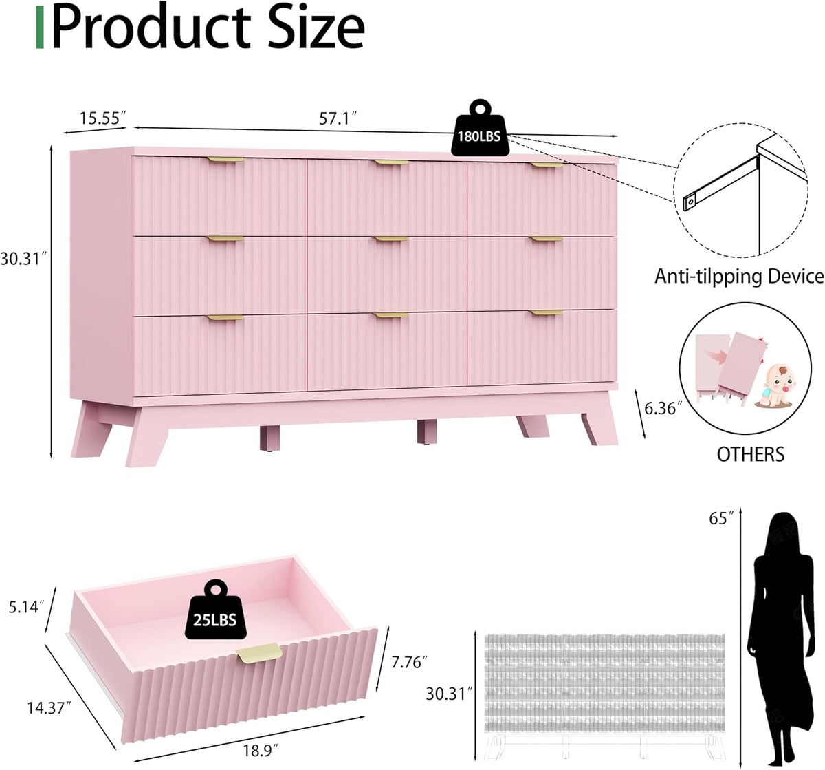 Fluted Dresser for Bedroom with 9 Drawers, 57" Wide Modern Chest of Drawers with Metal Handle