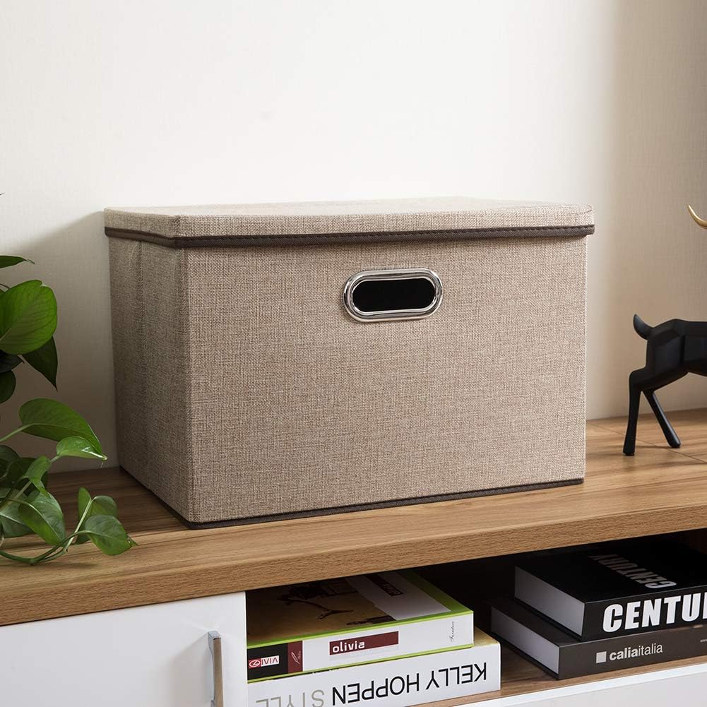 PRANDOM Large Collapsible Storage Bins with Lids [1-Pack] Jute Fabric Foldable Storage Boxes