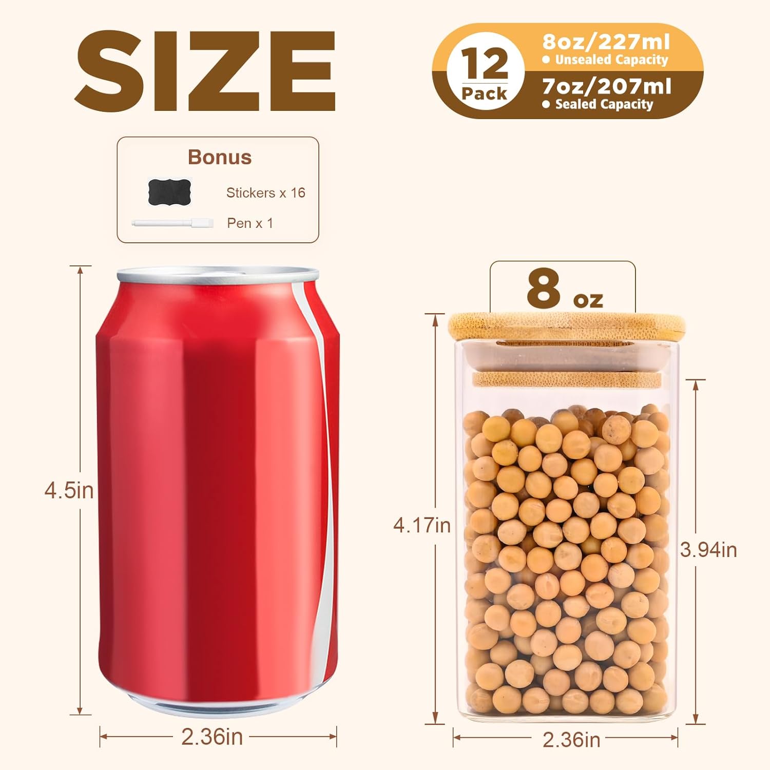 Glass Food Storage Jars Square 8oz, 12 Pack Glass Jars With Bamboo Lids, Kitchen Storage Containers