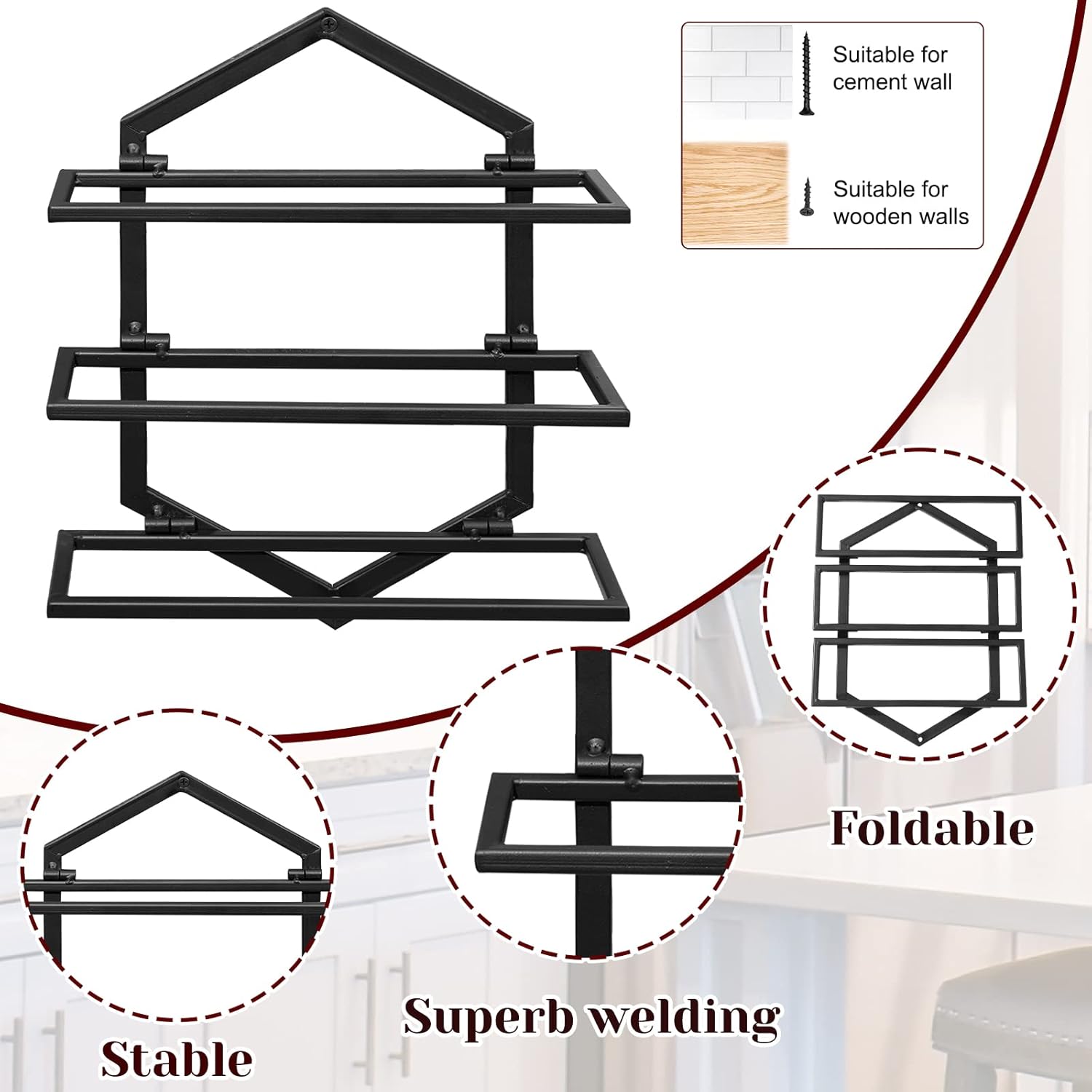 2Pcs Wall Mounted Wine Stemware Rack, Metal Hanging Wine Glass Display Holde Holds 3 Bottles