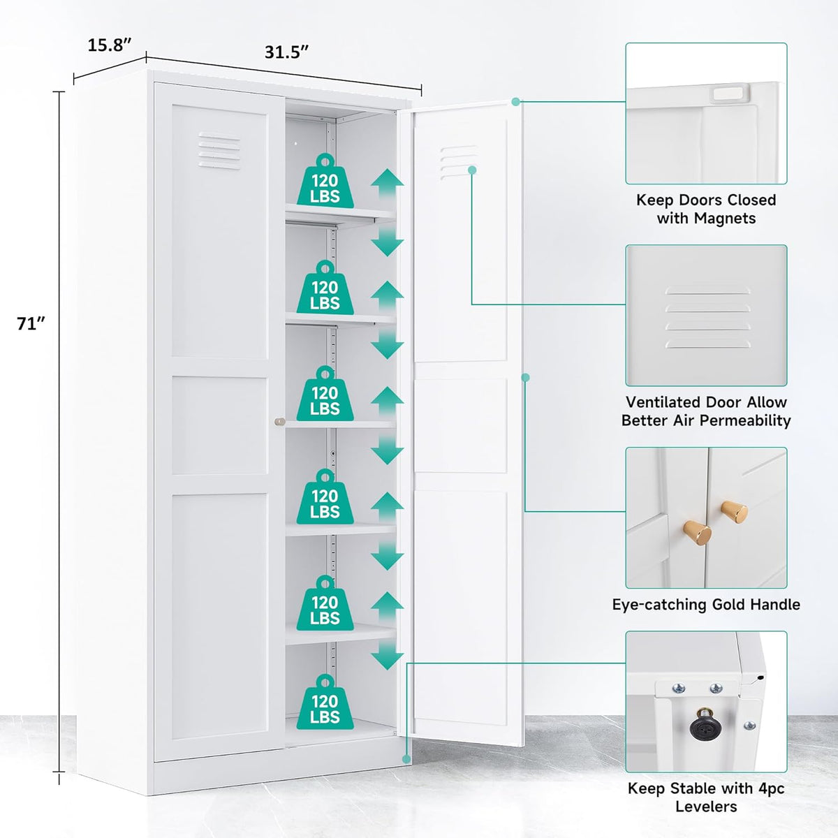 SISESOL White Metal Storage Cabinet,71" Tall Pantry Cabinet,Kitchen Pantry Storage Cabinets with 2