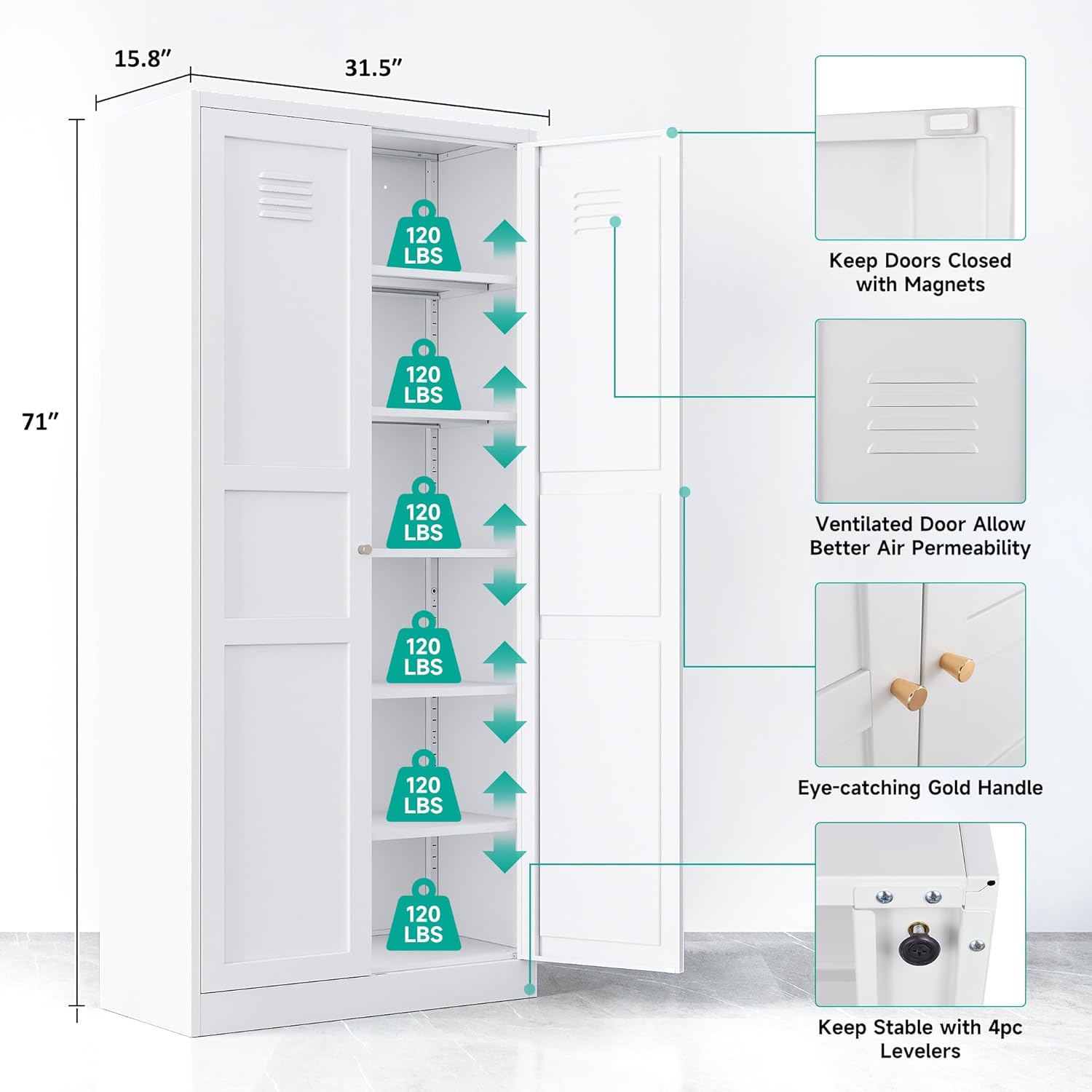 SISESOL White Metal Storage Cabinet,71" Tall Pantry Cabinet,Kitchen Pantry Storage Cabinets with 2
