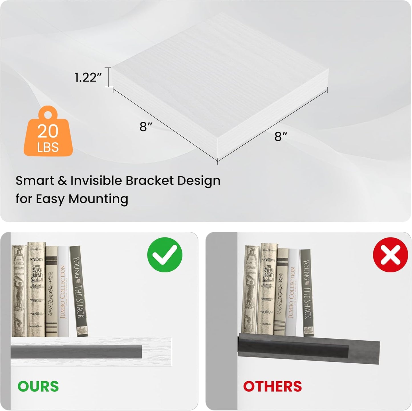 Square Floating Shelves for Wall, 8" W x 8" D x 1.2" H, Small Wooden Wall Mounted Display Shelves