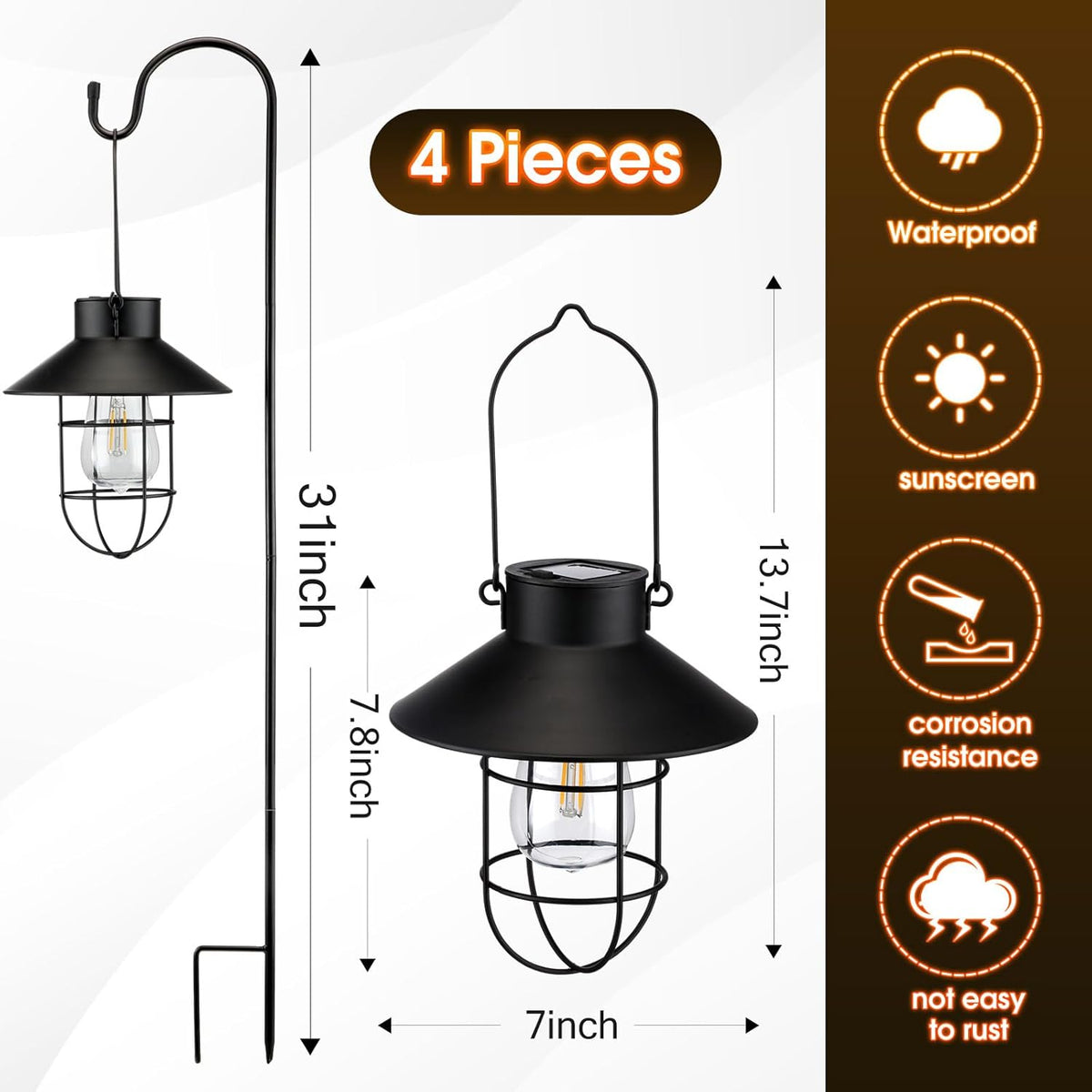 Retisee 4 Pcs Hanging Solar Light 31" Outdoor Solar Lamp Lanterns with Dual Use Shepherd Hook