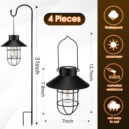 Retisee 4 Pcs Hanging Solar Light 31" Outdoor Solar Lamp Lanterns with Dual Use Shepherd Hook