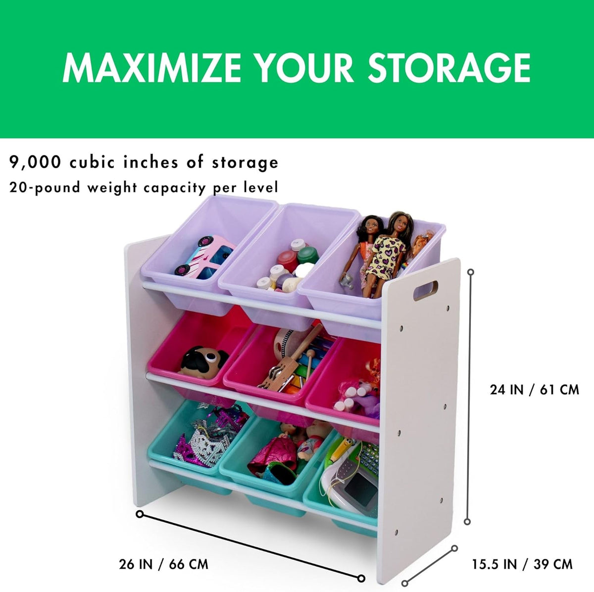 Humble Crew 9-Bin Toy Organizer – Forever Natural White/Pink/Purple/Aqua Plastic Bins, 3-Tier