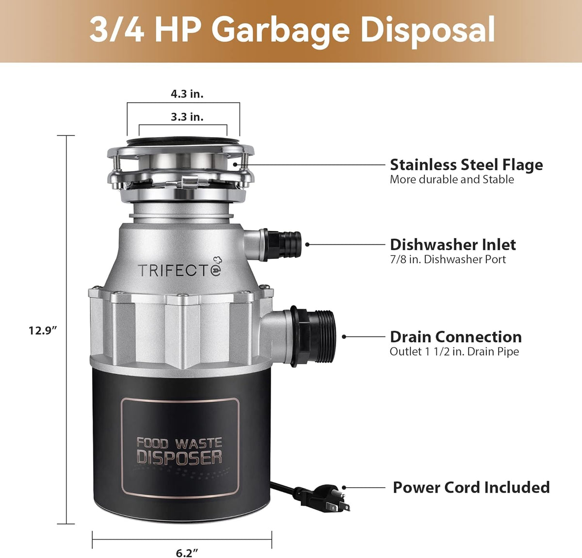 Trifecte Garbage Disposals with Power Cord, Coutinuous Feed Food Waste Disposal with Sound