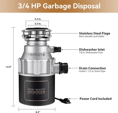 Trifecte Garbage Disposals with Power Cord, Coutinuous Feed Food Waste Disposal with Sound