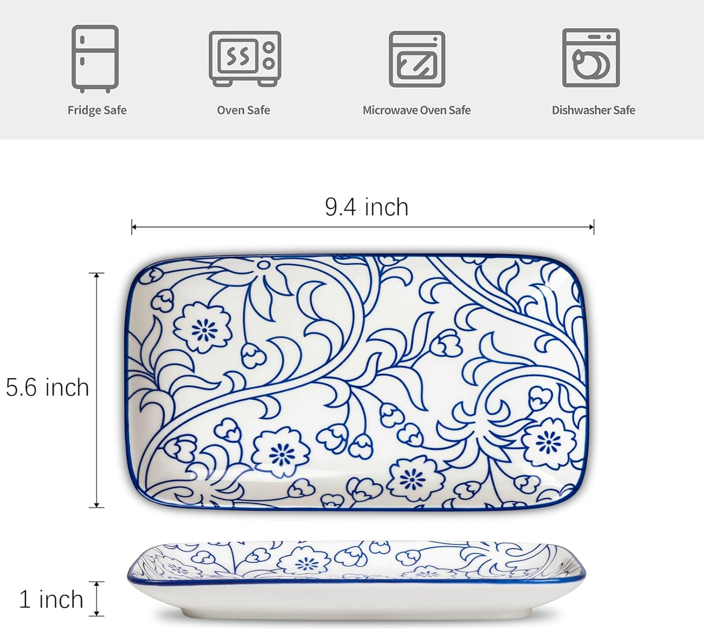 Selamica Ceramic Rectangular Salad Plates Set, Dinner Plate 9.4 Inch Dessert Plates for Party