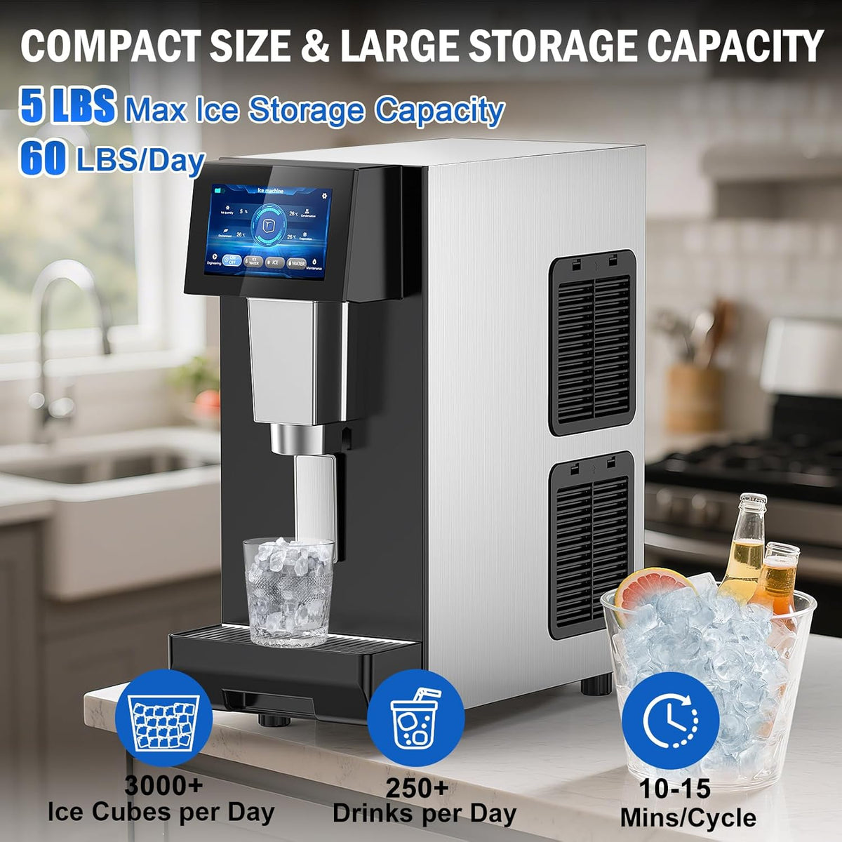 Nugget Ice Maker Countertop, 60 LBS/Day with 5LBS Storage Bin, Water Dispenser Countertop Ice Maker