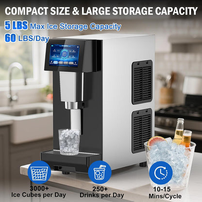 Nugget Ice Maker Countertop, 60 LBS/Day with 5LBS Storage Bin, Water Dispenser Countertop Ice Maker