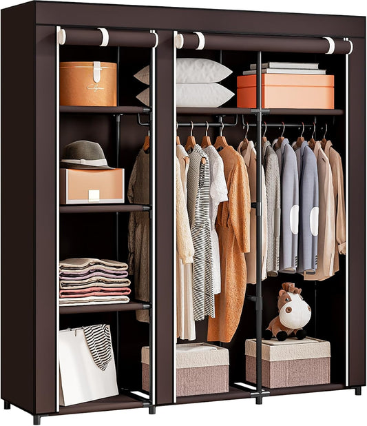 SORCEDAS Portable Wardrobe Closet Storage Organizer Metal Hanging Rack Non-Woven Fabric (Coffee, 51
