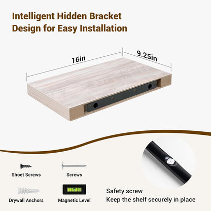 16 Inch Floating Shelves, 3D Textured Wood Grain, 16"x9.25"x1.5" Inch Deep Floating Shelves for