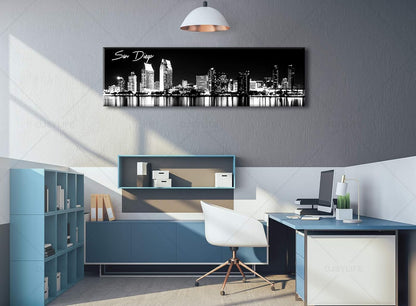 DJSYLIFE San Diego Skyline Wall Art Black and White Night View USA Cityscape California Pictures