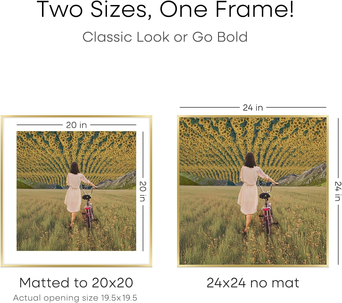Homeforia 24x24 Gold Square Frame, High End Metal 24 x 24 Large Gold Poster Frames with Mat 20 by