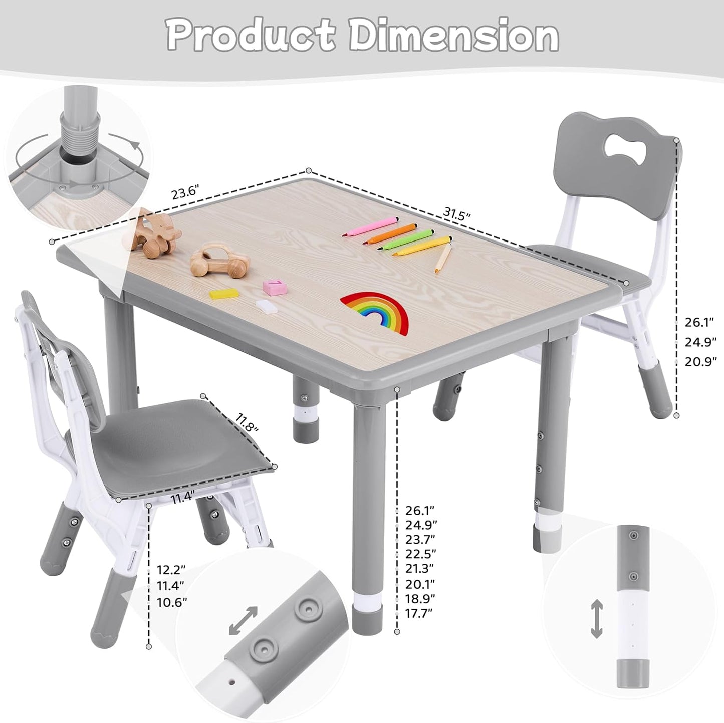 Toddler Table and Chair Set, Height Adjustable-Upgrade Kids Table and 2 Chairs for Ages 3-8